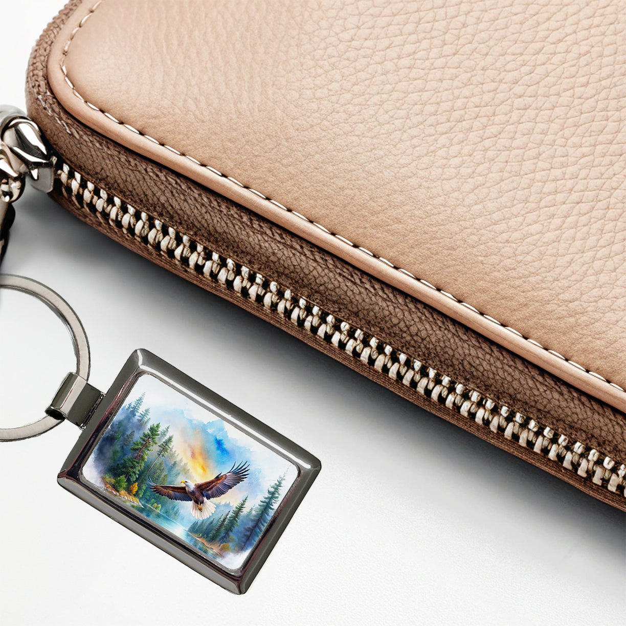 Bald Eagle Flying With Forest Lake Watercolor Rectangle Metal Keychain