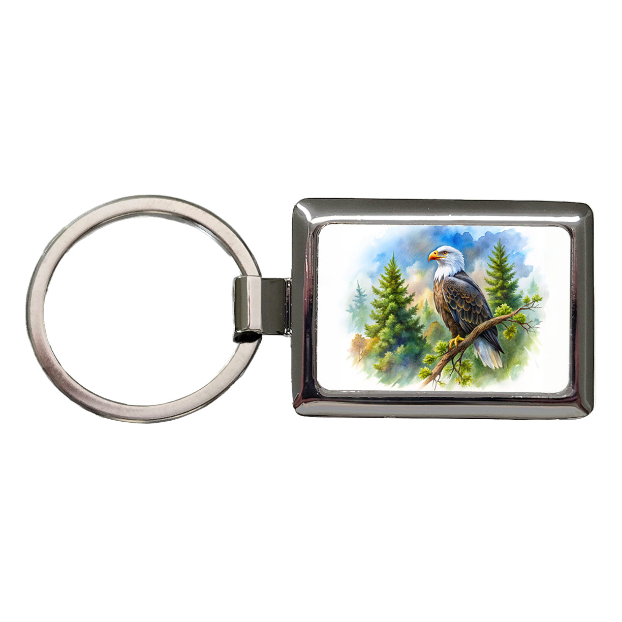 Bald Eagle In Tree Watercolor Rectangle Metal Keychain