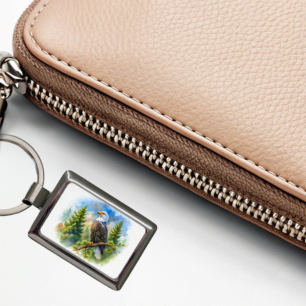 Bald Eagle In Tree Watercolor Rectangle Metal Keychain