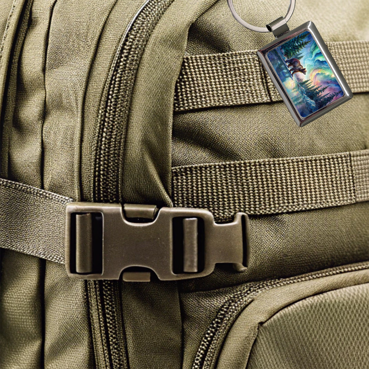 Bear And Northern Lights Watercolor Rectangle Metal Keychain