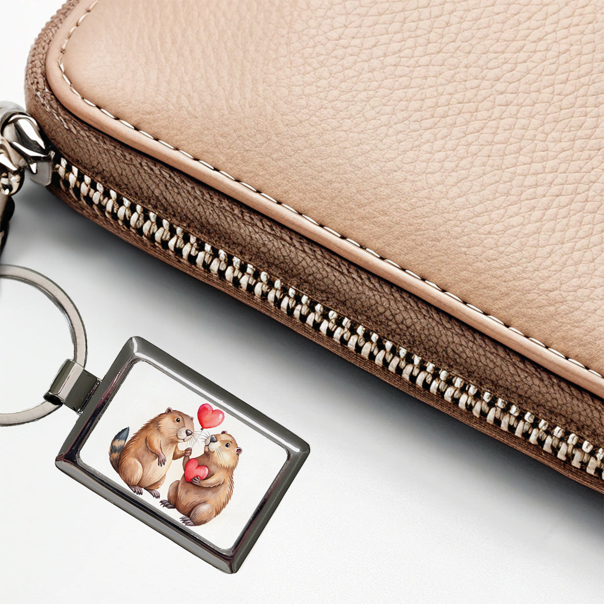 Beavers In Love With Hearts Valentine's Day Rectangle Metal Keychain