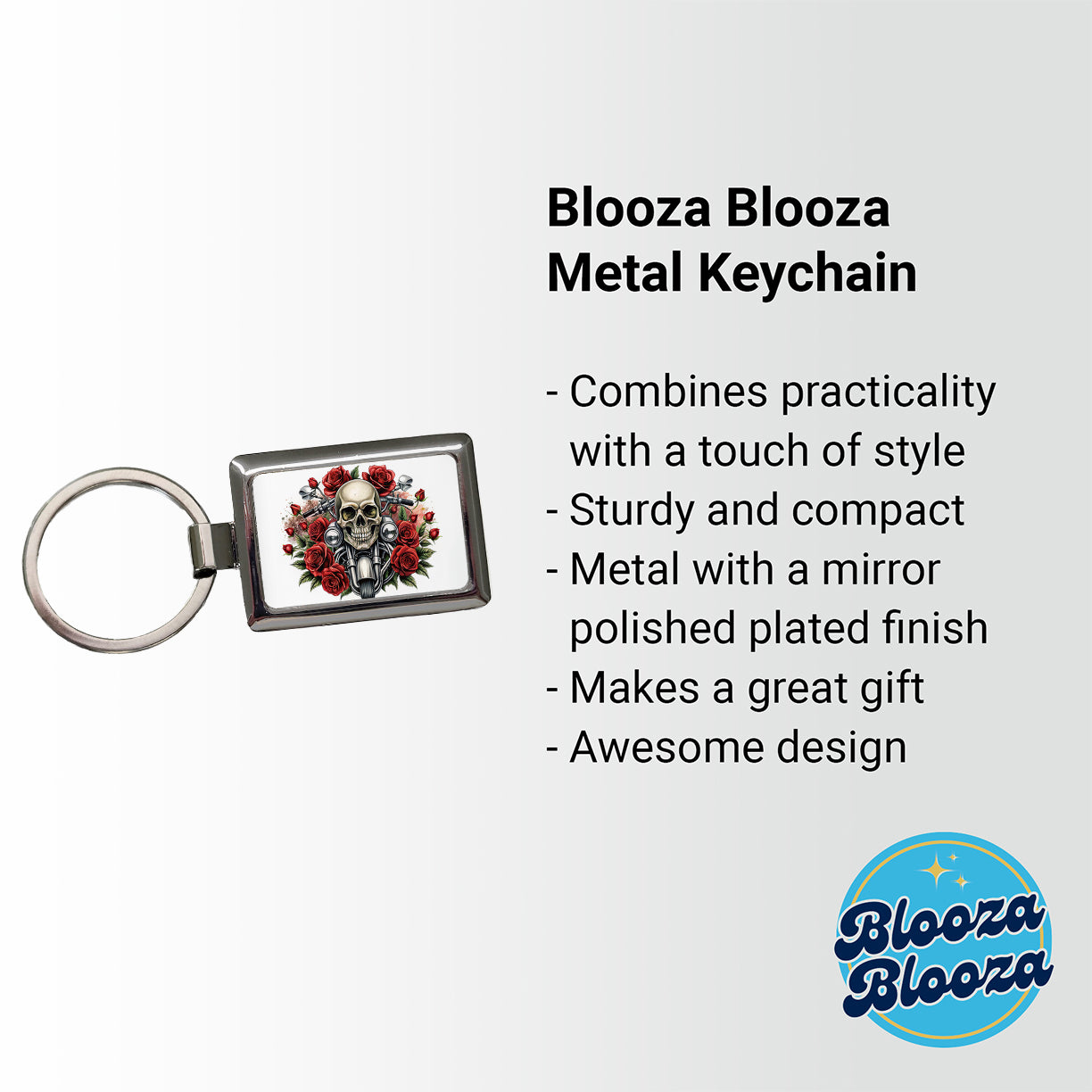 Biker Style Skulls And Roses Motorcycle Rectangle Metal Keychain