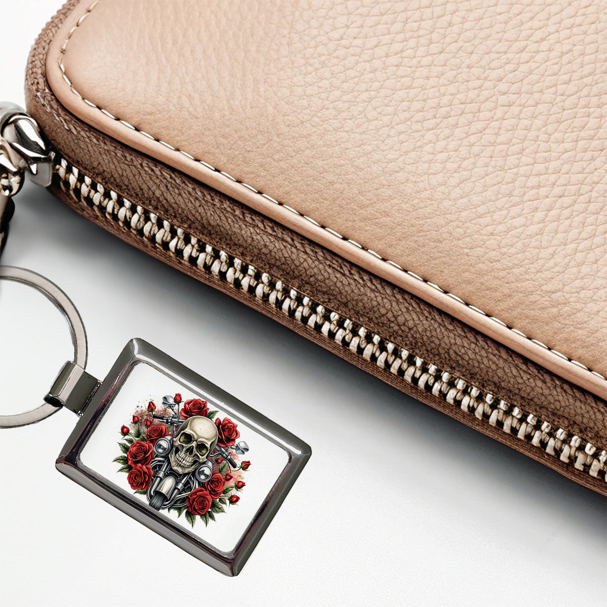 Biker Style Skulls And Roses Motorcycle Rectangle Metal Keychain