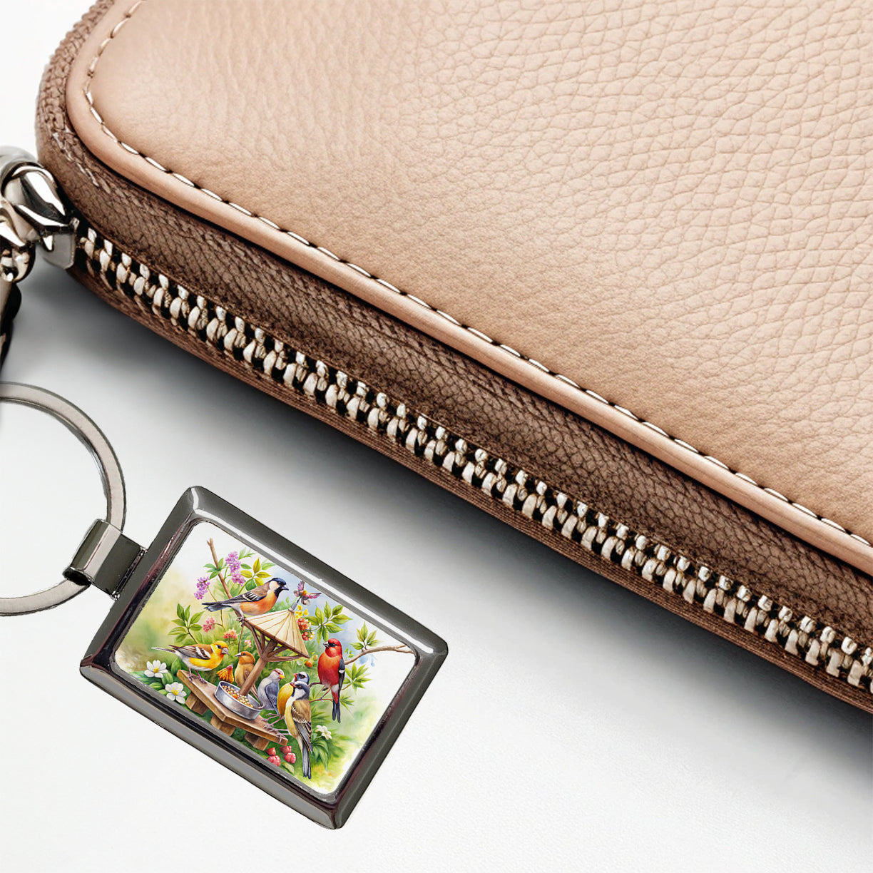Birds At Feeder Watercolor Rectangle Metal Keychain