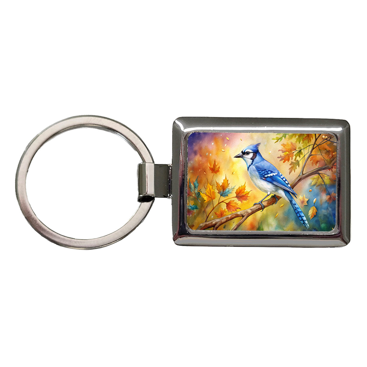 Blue Jay In Tree Watercolor Rectangle Metal Keychain