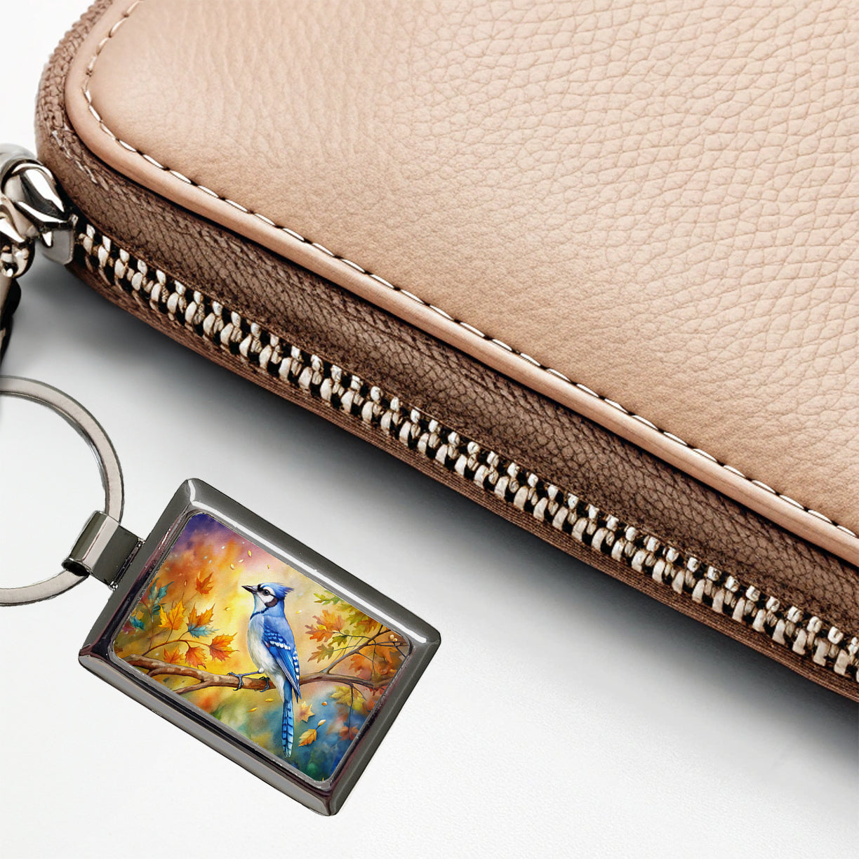 Blue Jay In Tree Watercolor Rectangle Metal Keychain