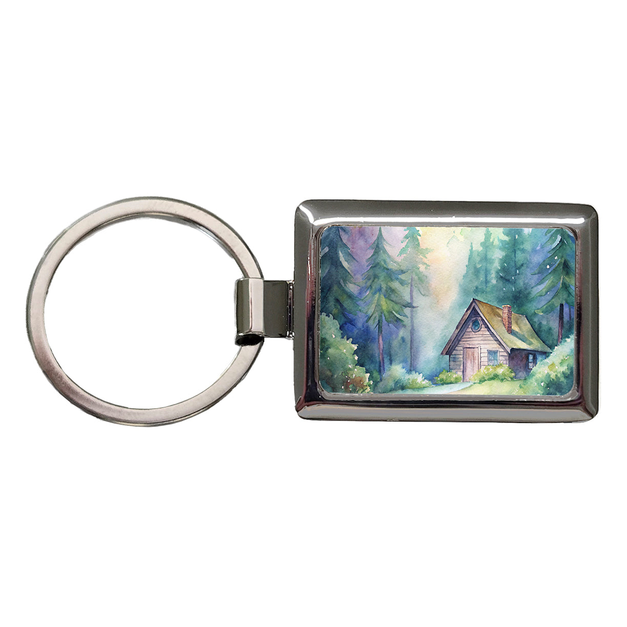 Cabin In The Forest Woods Watercolor Rectangle Metal Keychain