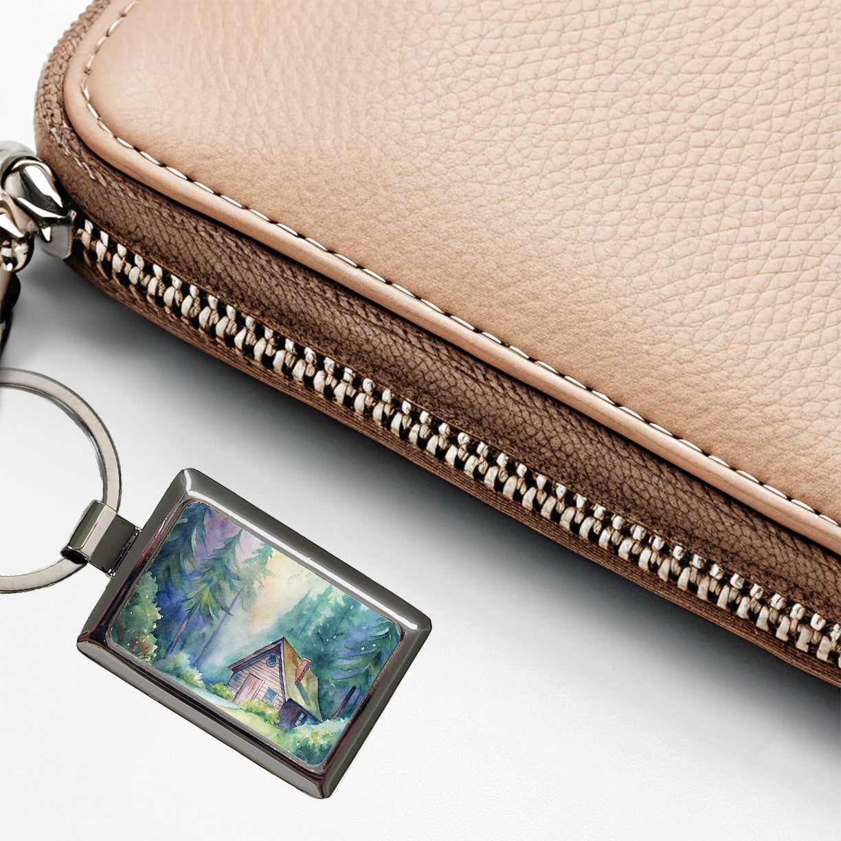 Cabin In The Forest Woods Watercolor Rectangle Metal Keychain