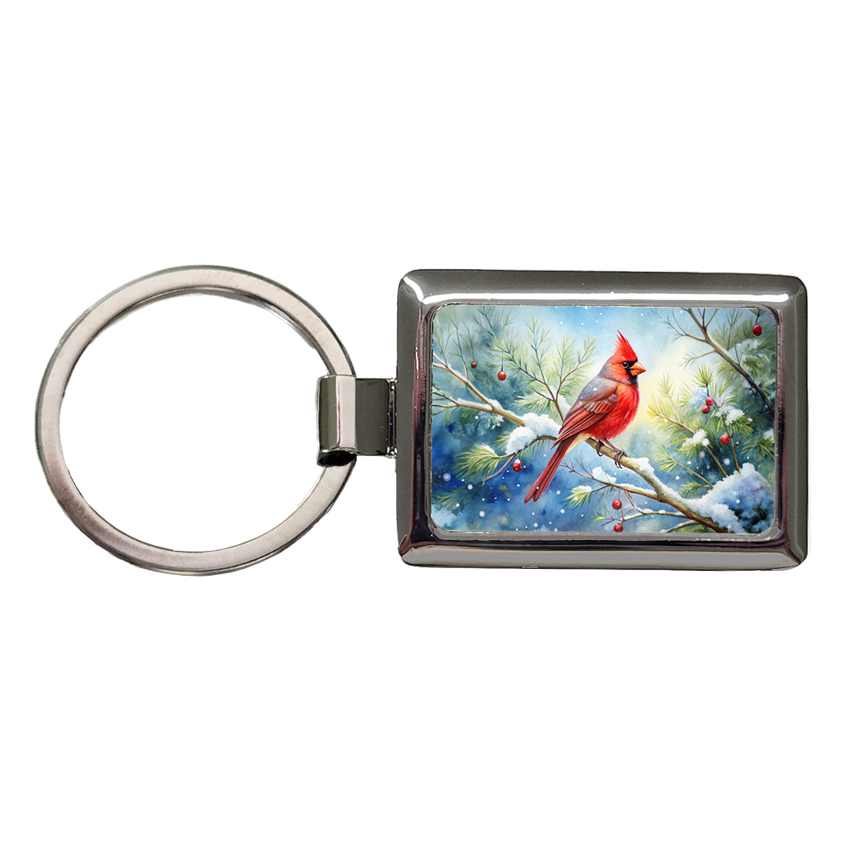 Cardinal In Snowy Tree Winter Watercolor Christmas Rectangle Metal Keychain