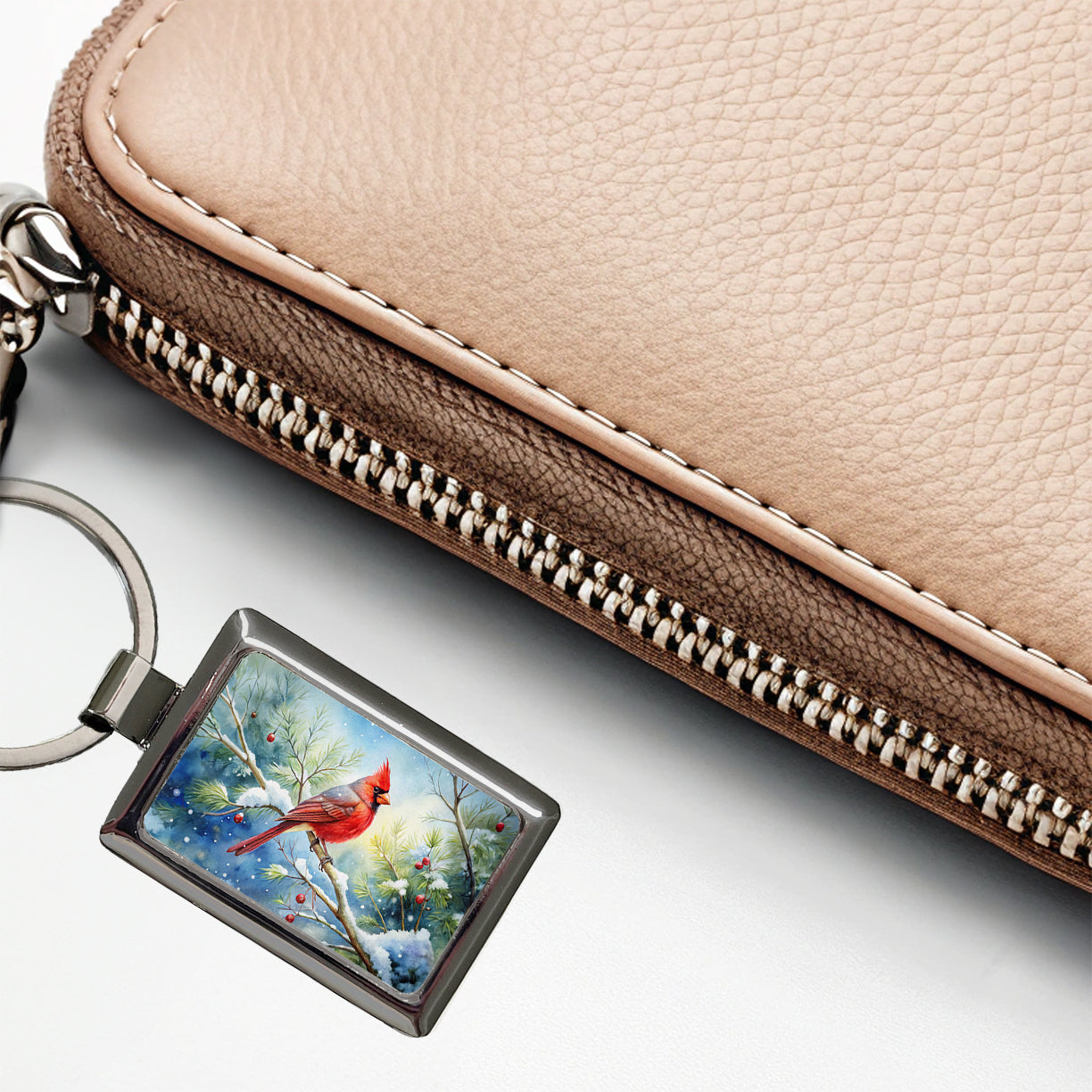 Cardinal In Snowy Tree Winter Watercolor Christmas Rectangle Metal Keychain