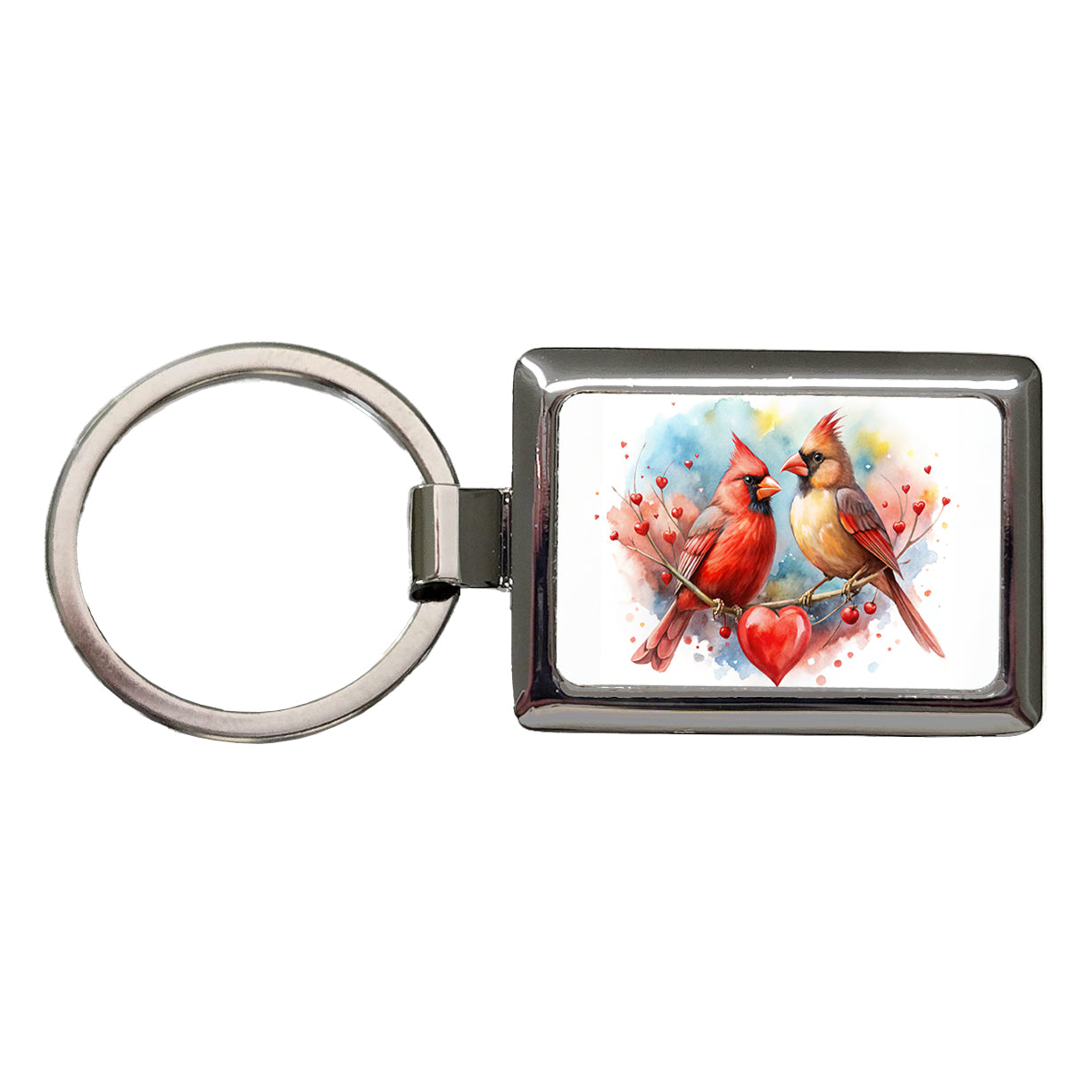 Cardinals In Love With Hearts Valentine's Day Rectangle Metal Keychain
