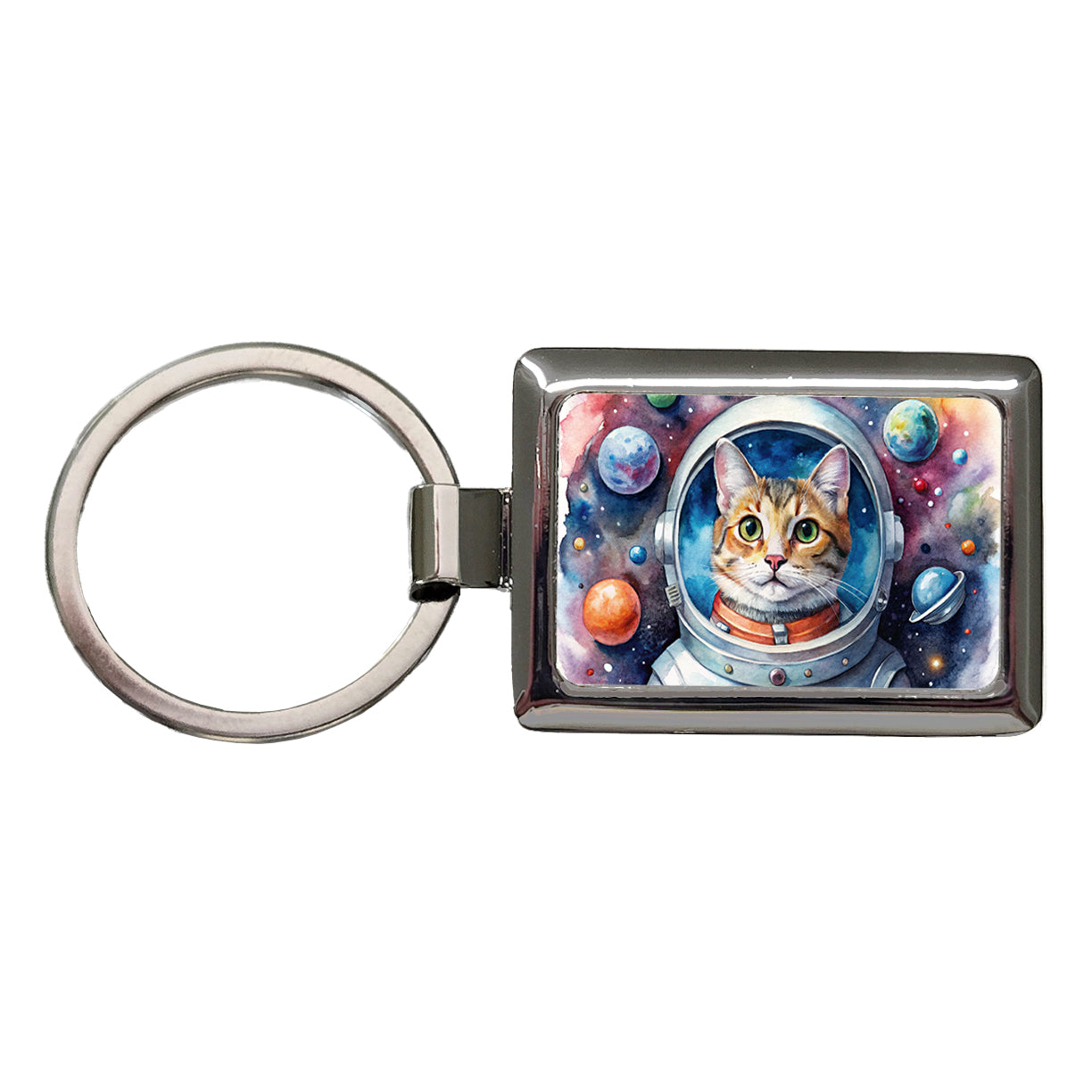 Cat In Space Funny Tabby Watercolor Rectangle Metal Keychain