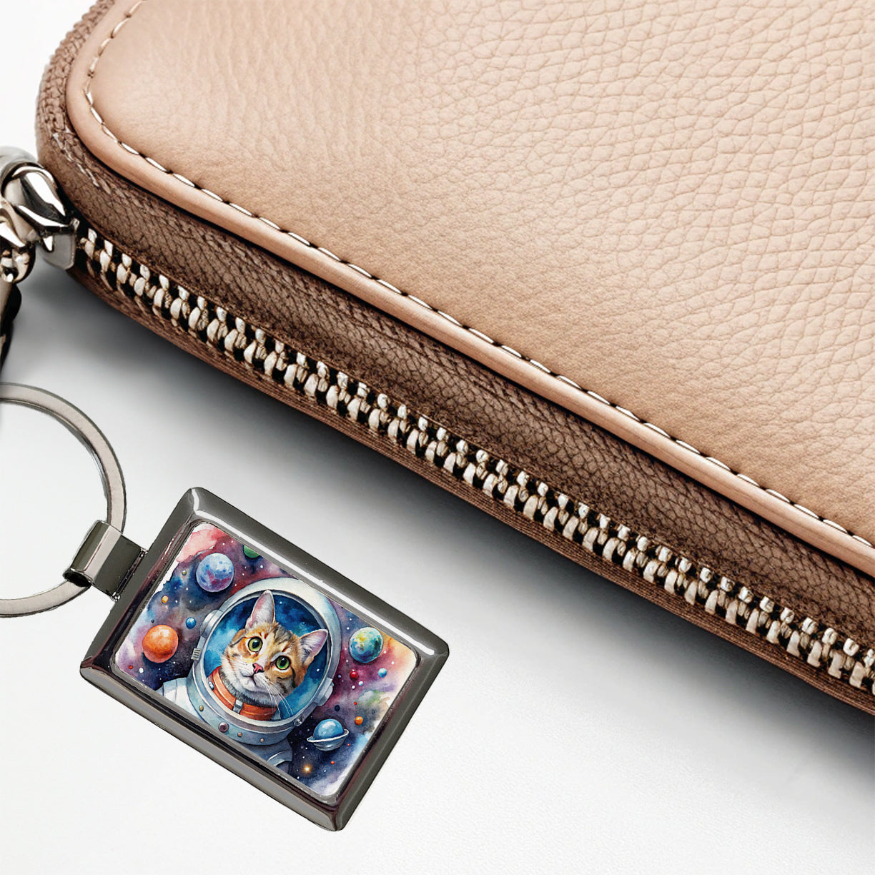 Cat In Space Funny Tabby Watercolor Rectangle Metal Keychain