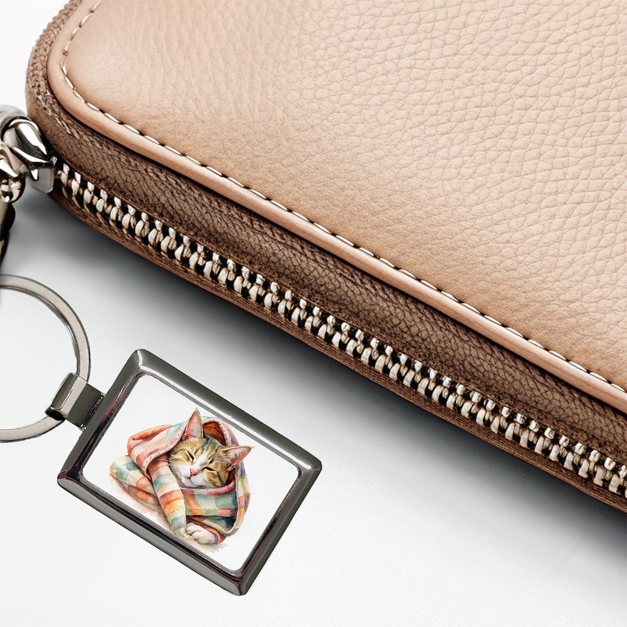 Cat Snuggling In Blanket Watercolor Rectangle Metal Keychain
