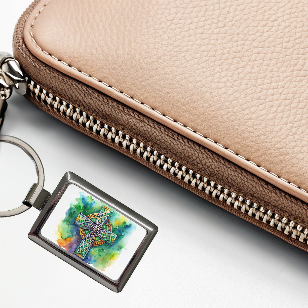 Celtic Christian Cross Watercolor Rectangle Metal Keychain