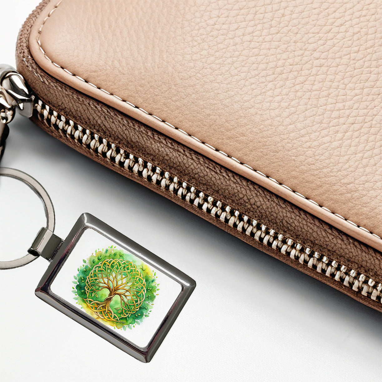 Celtic Irish Tree Of Life Knots Green And Golden Watercolor Rectangle Metal Keychain