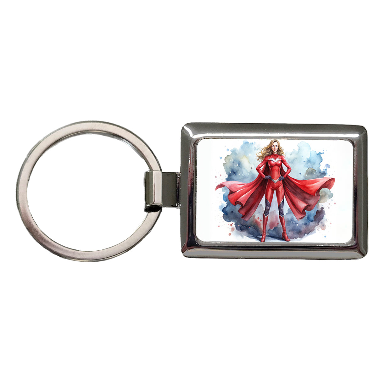 Classic Female Superhero With Red Costume Watercolor Rectangle Metal Keychain