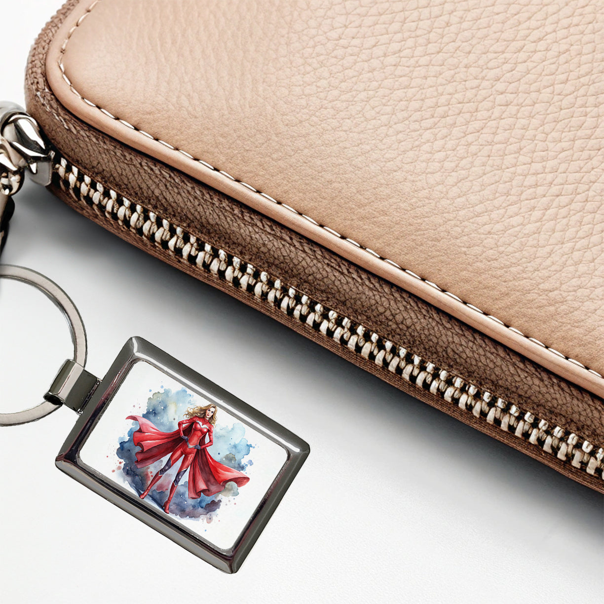 Classic Female Superhero With Red Costume Watercolor Rectangle Metal Keychain