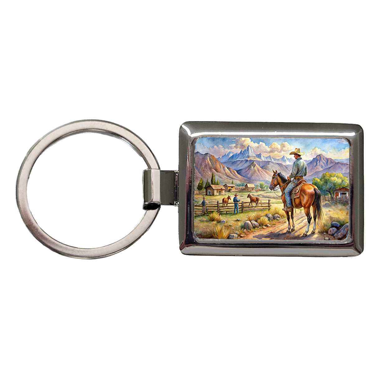 Cowboys Western Ranch Scene Watercolor Rectangle Metal Keychain