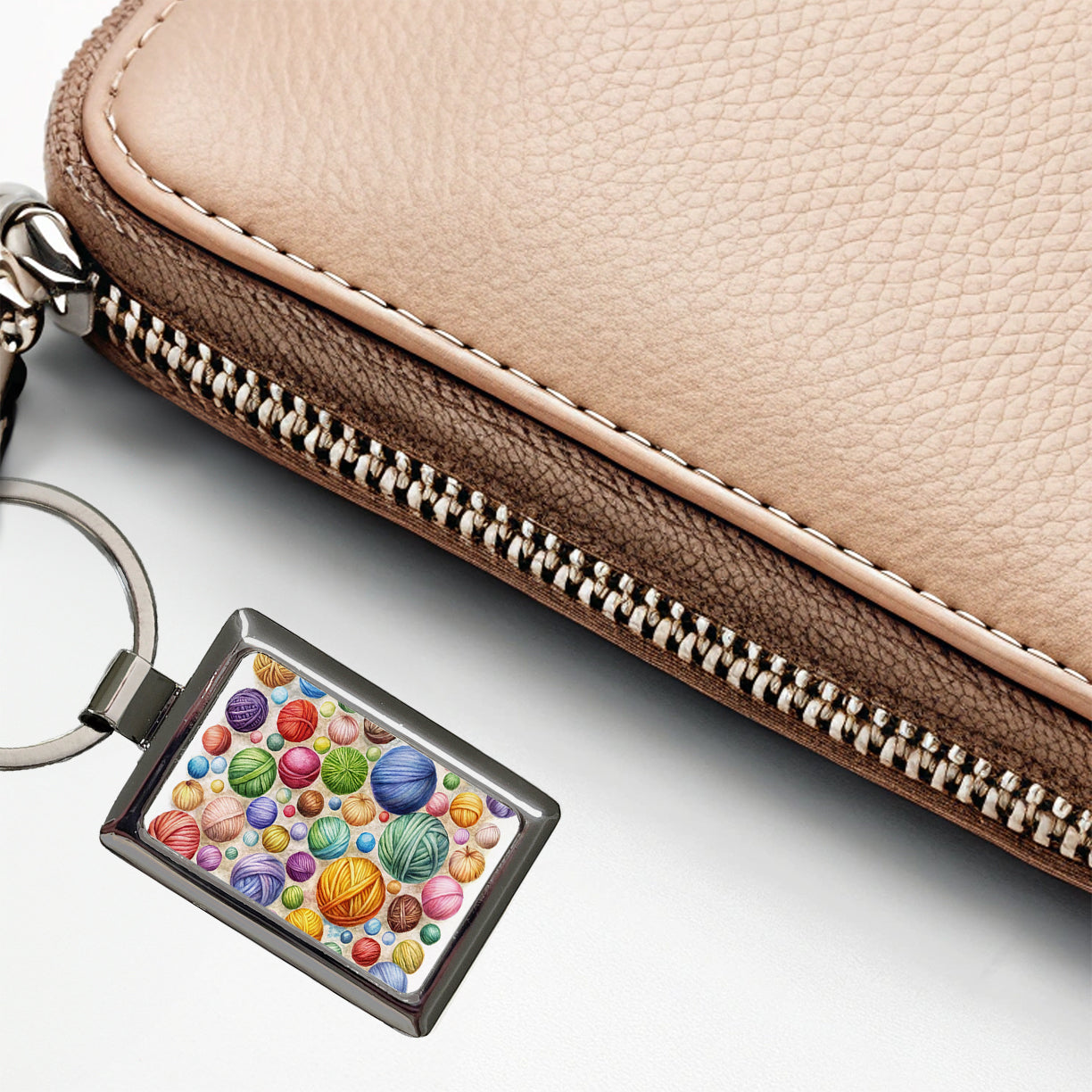 Crocheting Knitting Colorful Yarn Balls Rectangle Metal Keychain
