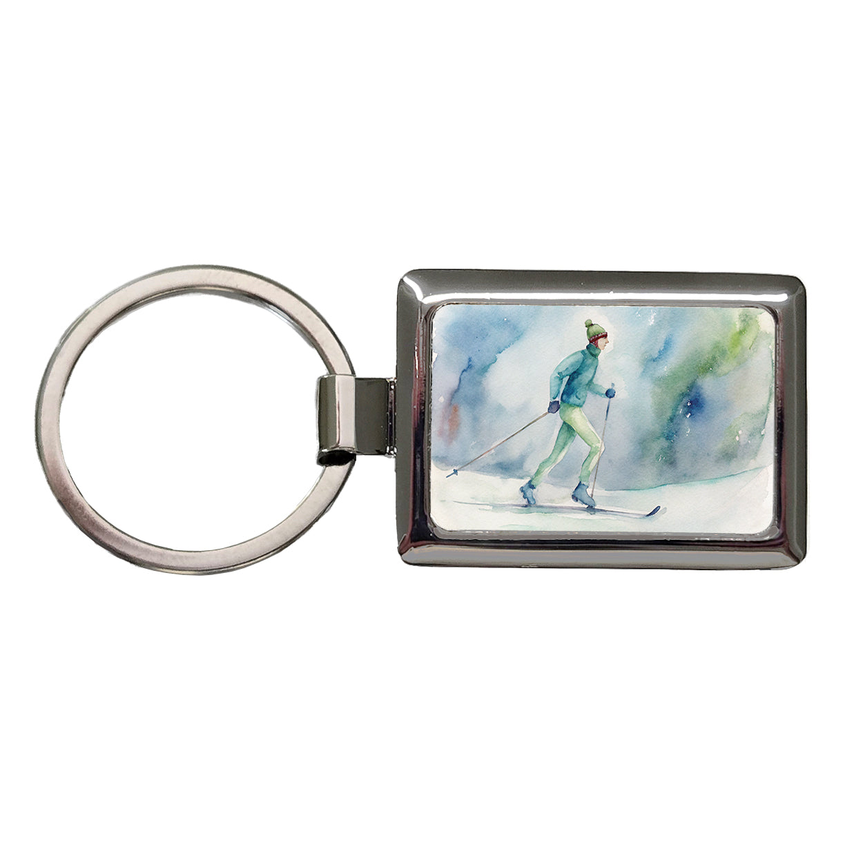 Cross Country Skiing Watercolor Rectangle Metal Keychain