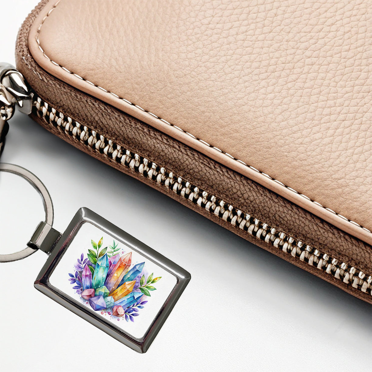 Crystal Geodes Mystical Healing Protection Watercolor Rectangle Metal Keychain