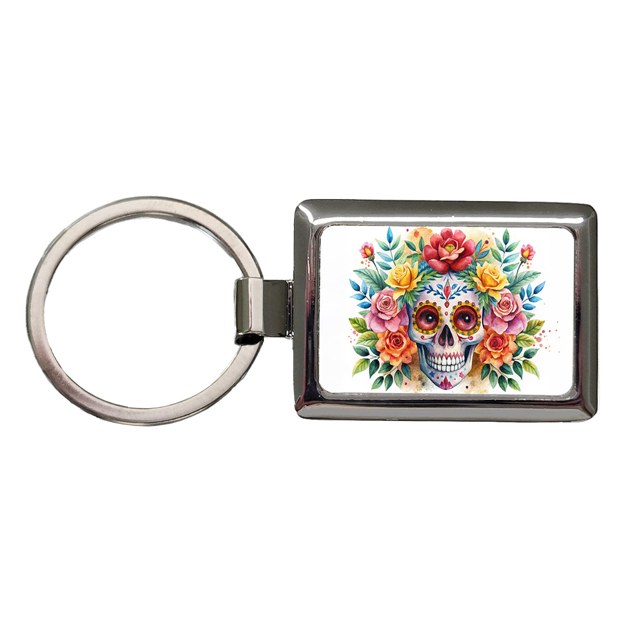 Day Of The Dead Día De Muertos Theme Watercolor Rectangle Metal Keychain