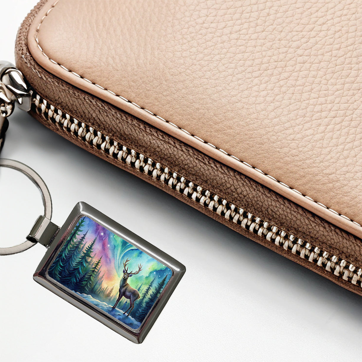 Deer And Northern Lights Watercolor Rectangle Metal Keychain