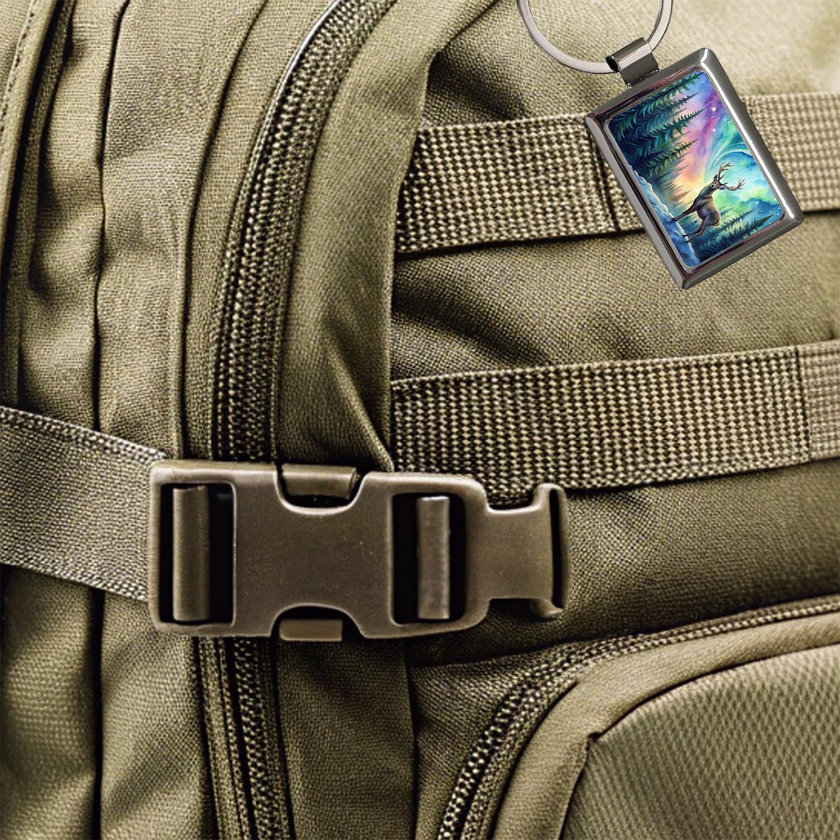 Deer And Northern Lights Watercolor Rectangle Metal Keychain