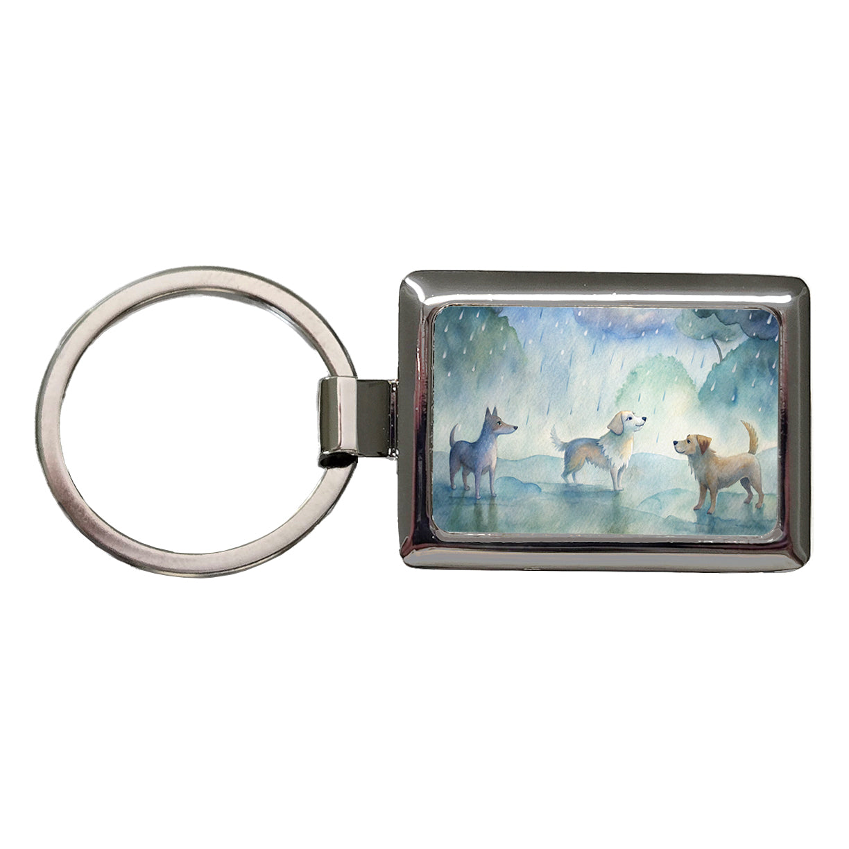 Dogs In The Rain Watercolor Rectangle Metal Keychain