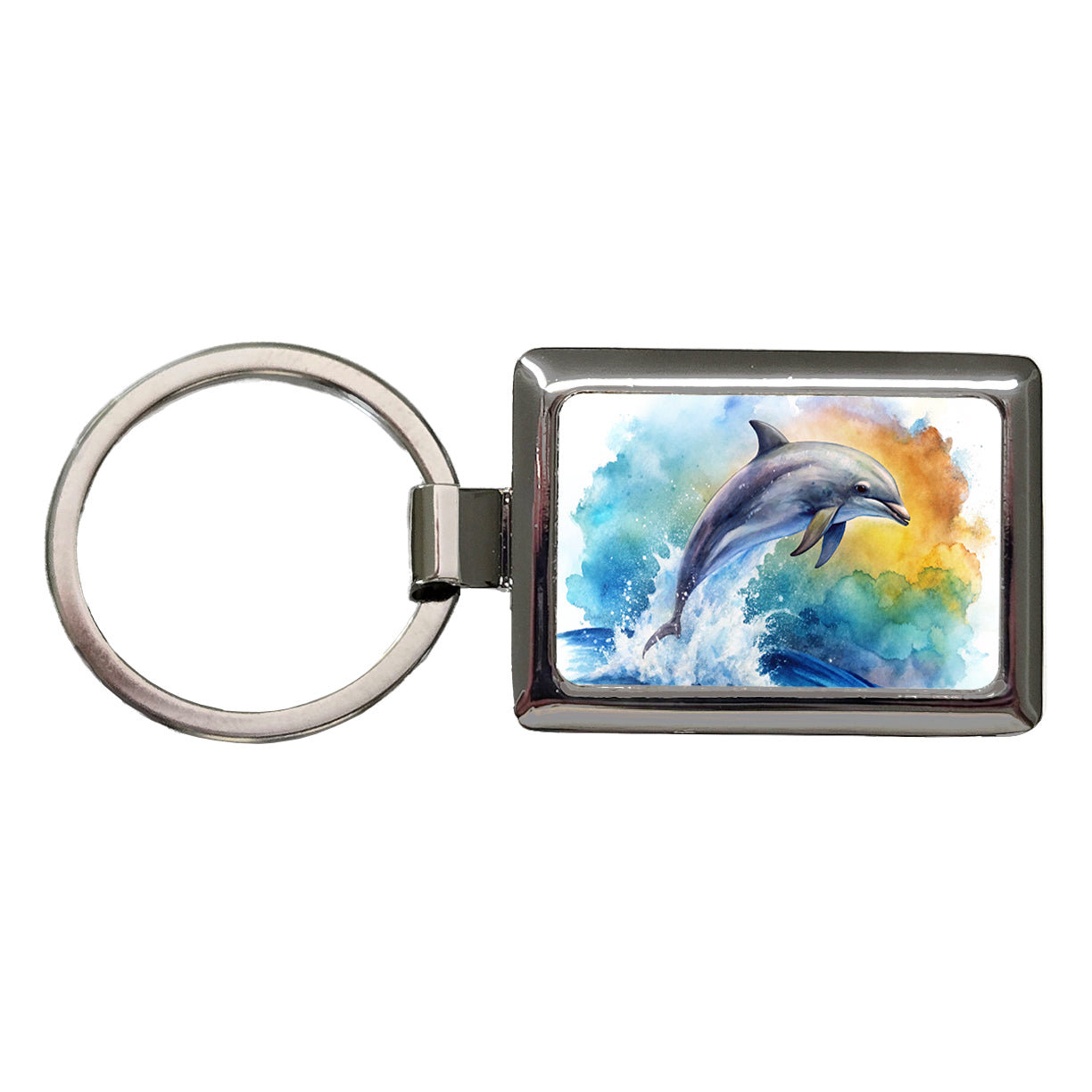 Dolphin Jumping In Ocean Watercolor Rectangle Metal Keychain