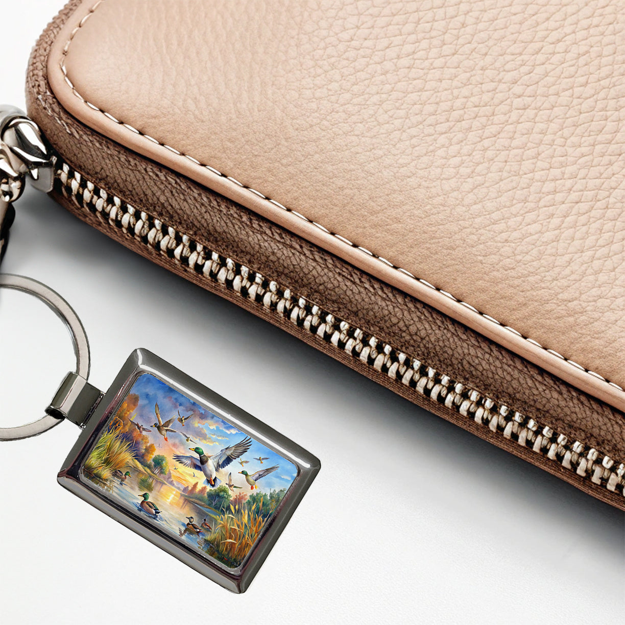 Ducks Flying At Sunrise Hunting Watercolor Rectangle Metal Keychain