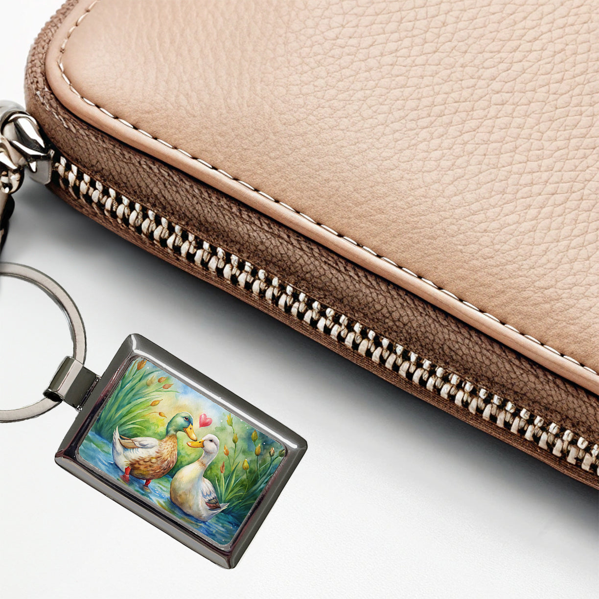Ducks In Love Heart Valentine's Day Rectangle Metal Keychain