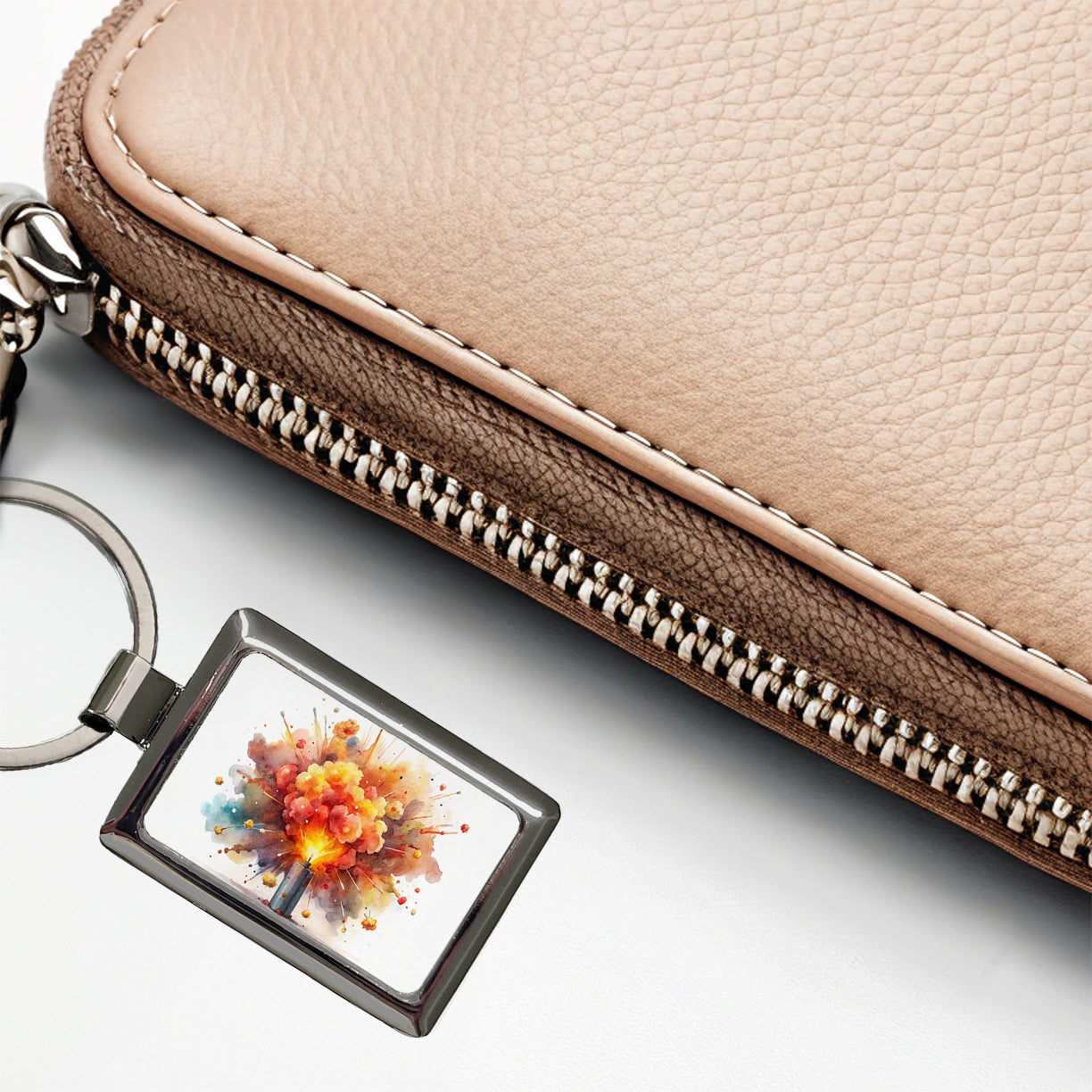 Dynamite Exploding Explosion Watercolor Rectangle Metal Keychain