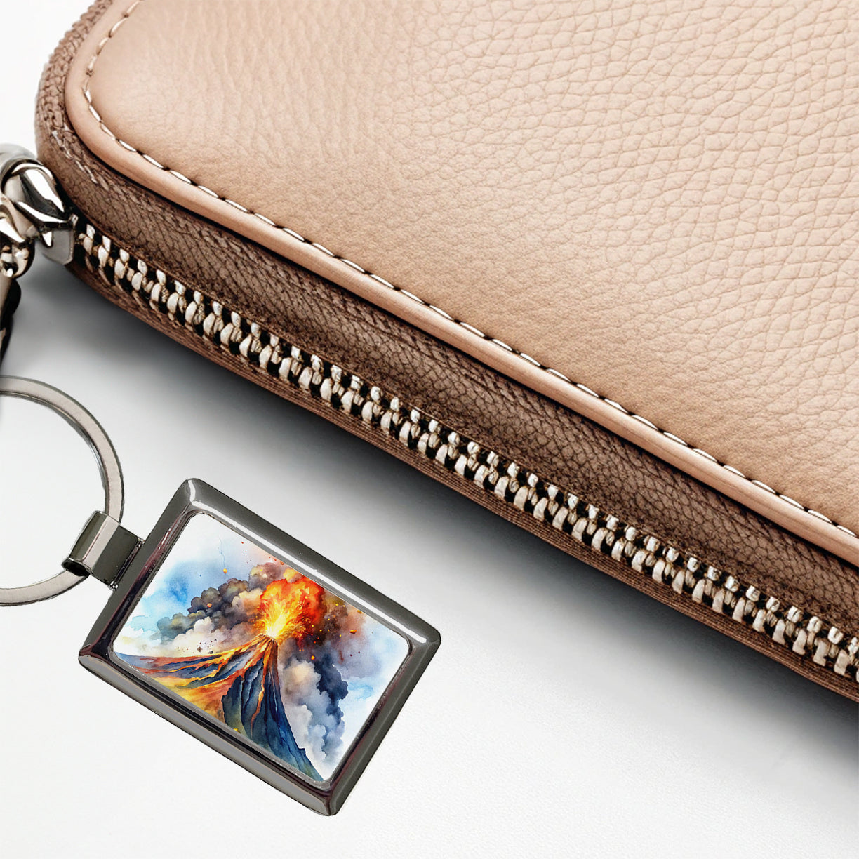 Erupting Volcano Watercolor Rectangle Metal Keychain