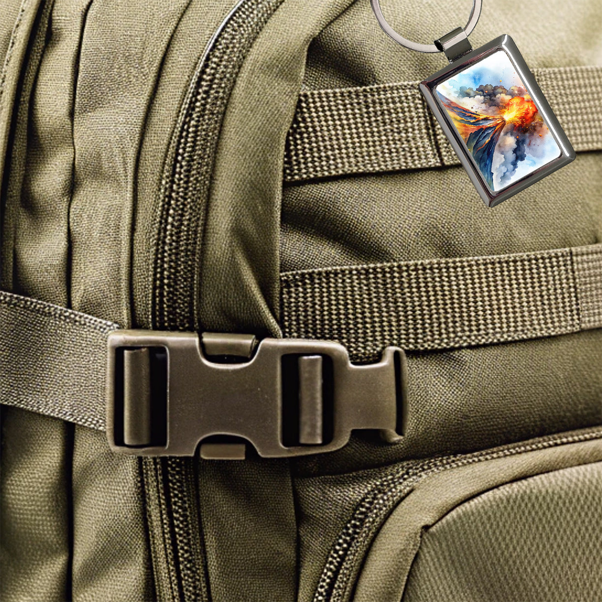Erupting Volcano Watercolor Rectangle Metal Keychain