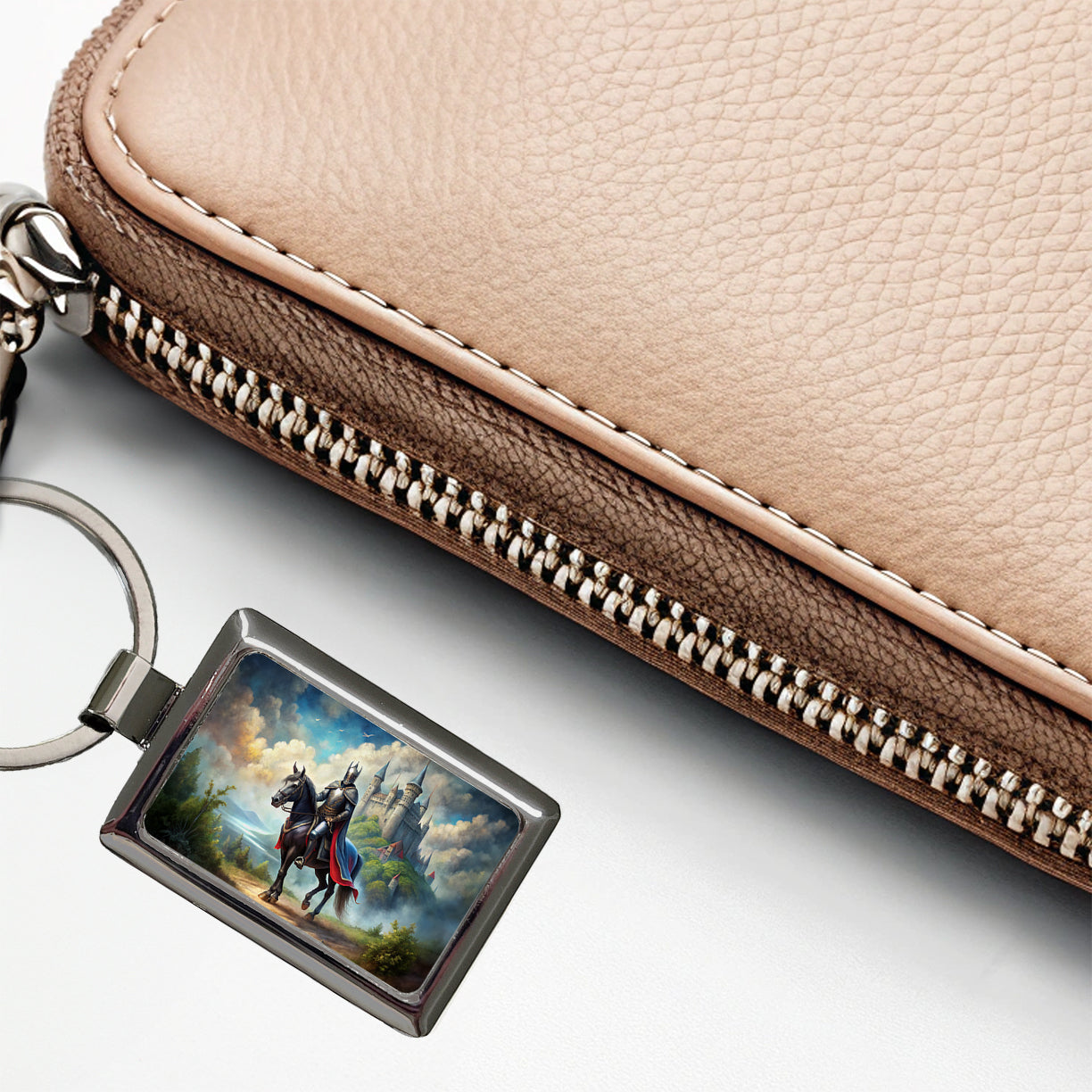 Fantasy Black Knight Astride Horse Outside Castle Watercolor Rectangle Metal Keychain