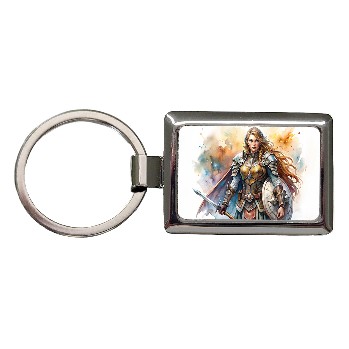 Fantasy Female Warrior Paladin Watercolor Rectangle Metal Keychain