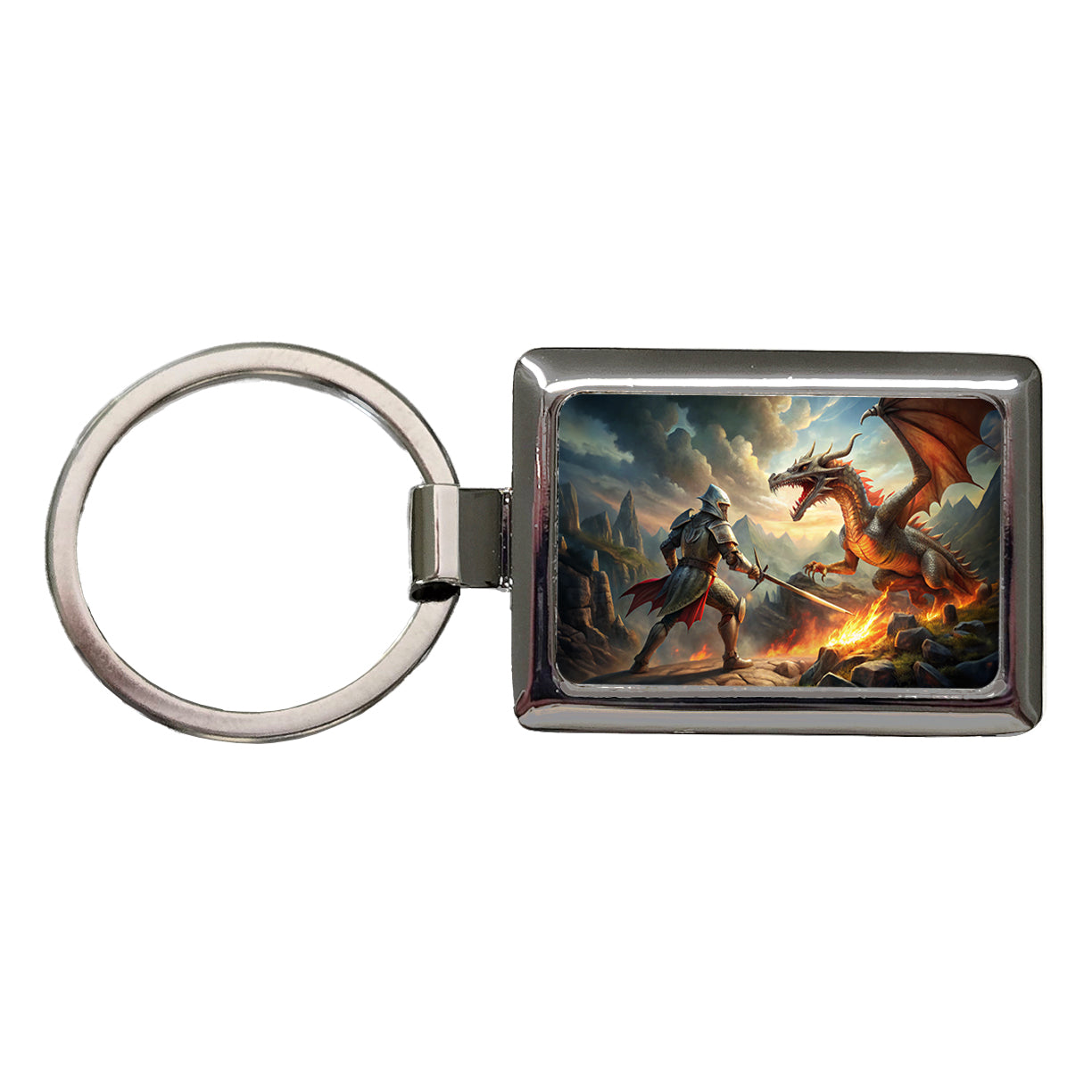 Fantasy Knight Fighting A Fire-breathing Dragon Rectangle Metal Keychain