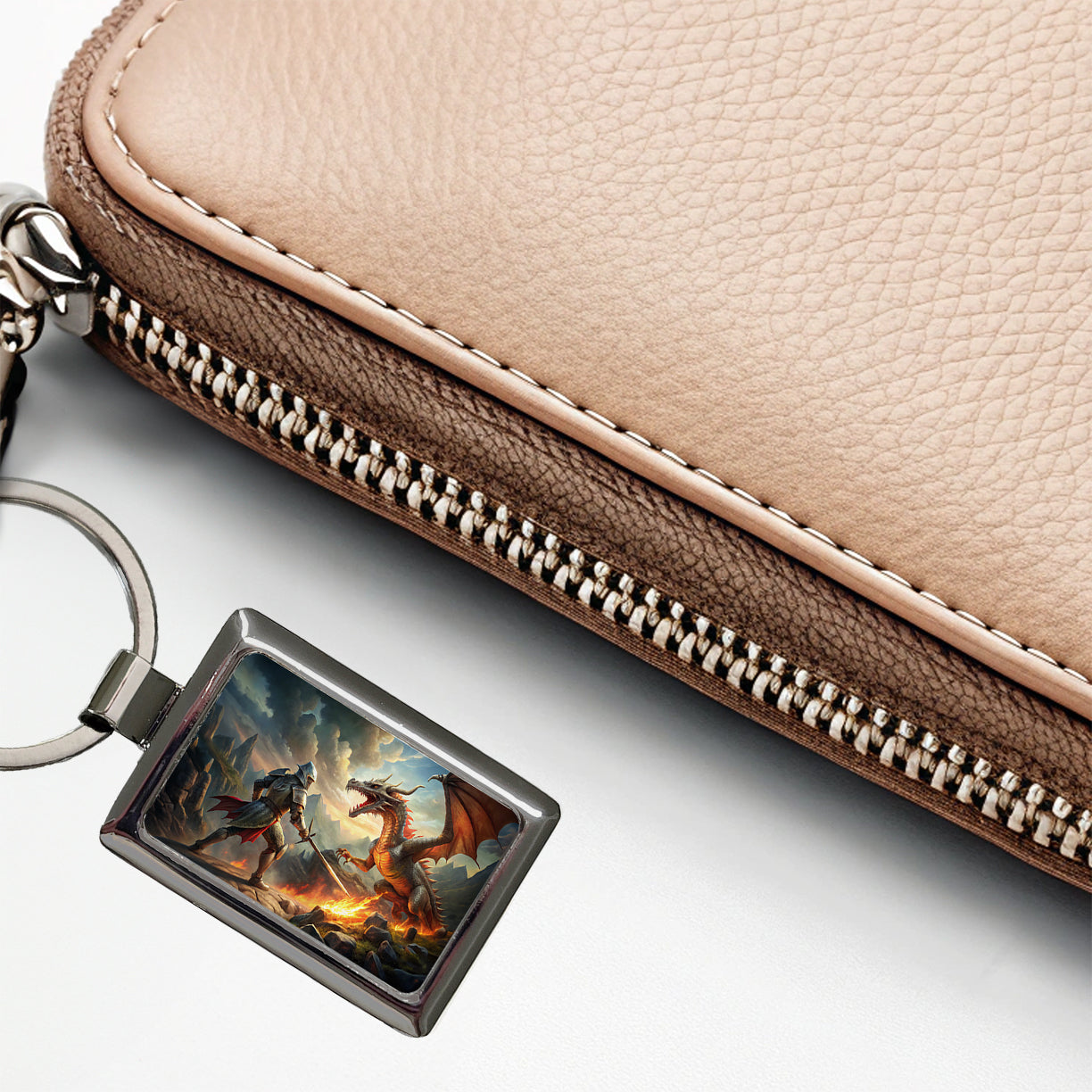 Fantasy Knight Fighting A Fire-breathing Dragon Rectangle Metal Keychain