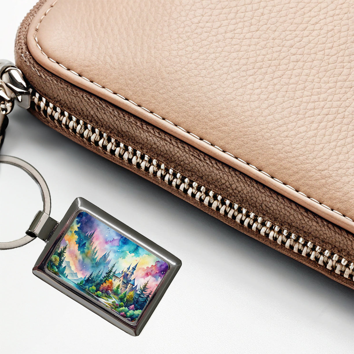 Fantasy Lake And Castle Scene Watercolor Rectangle Metal Keychain