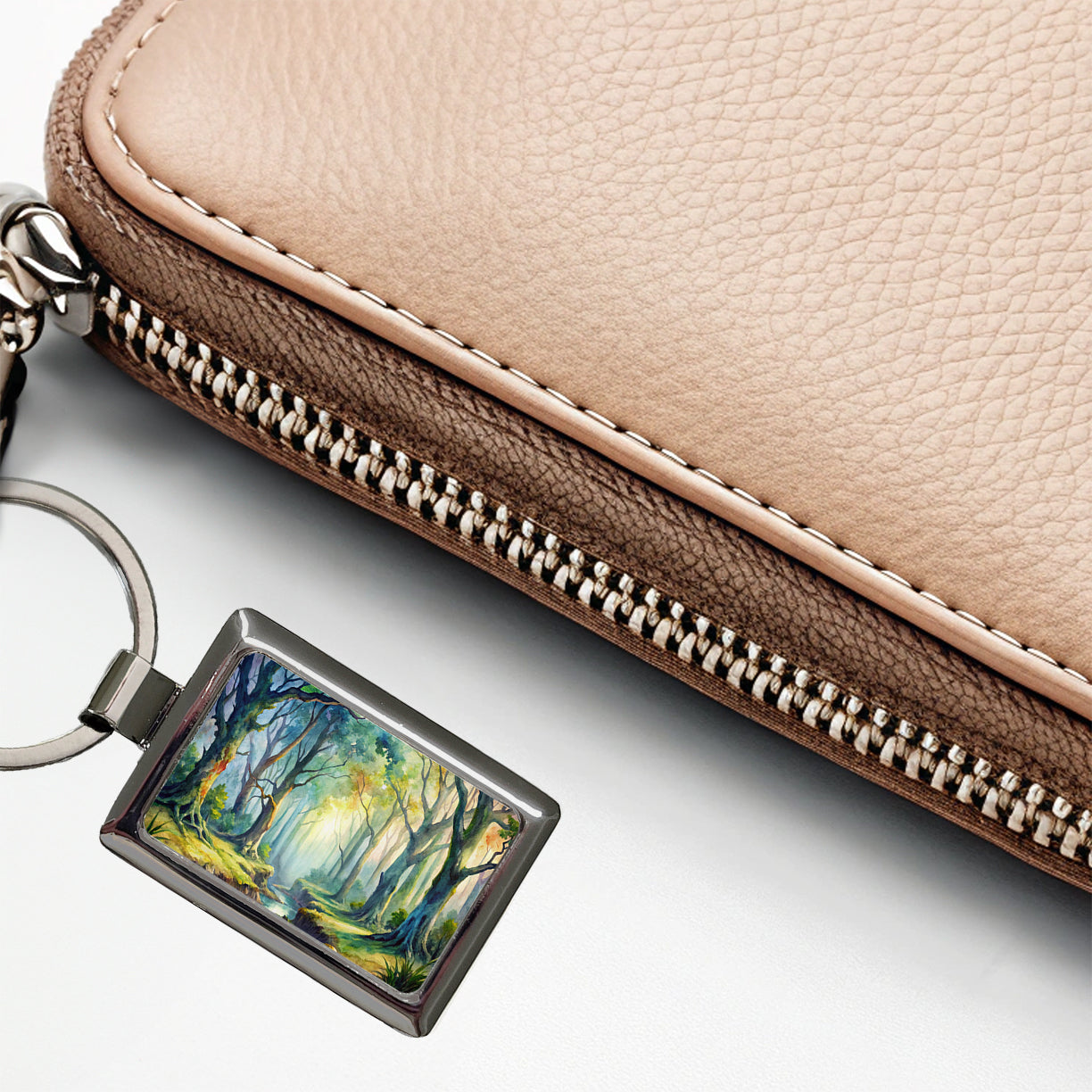 Fantasy Misty Forest Stream And Trees Watercolor Rectangle Metal Keychain
