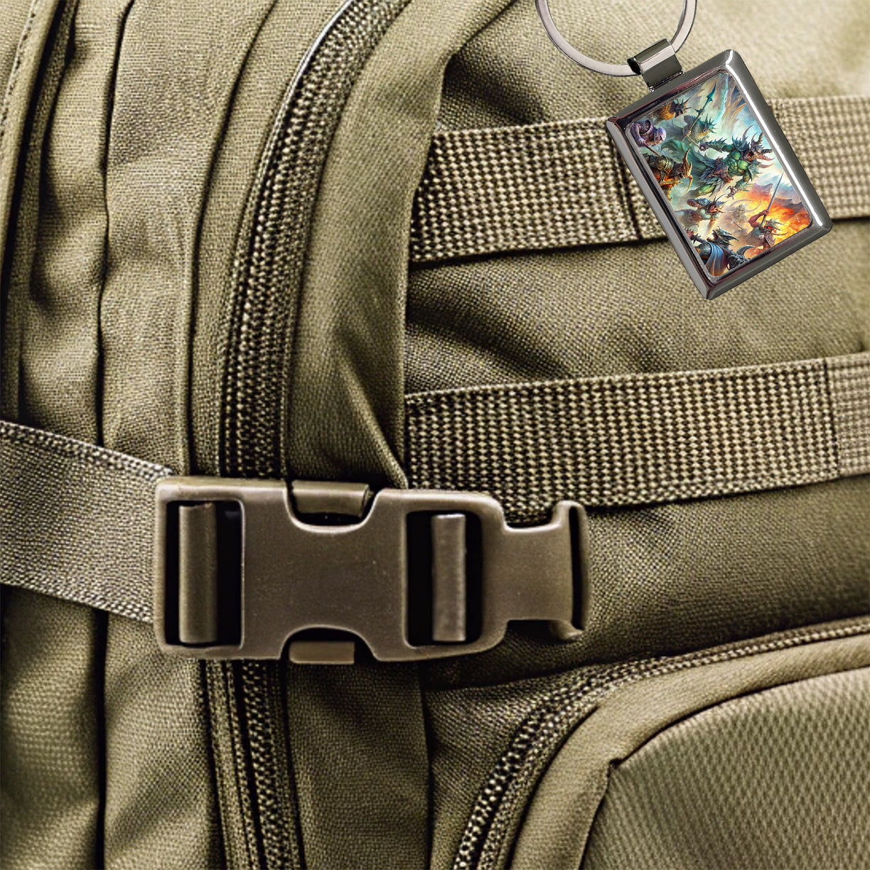 Fantasy Monsters In Battle Watercolor Rectangle Metal Keychain