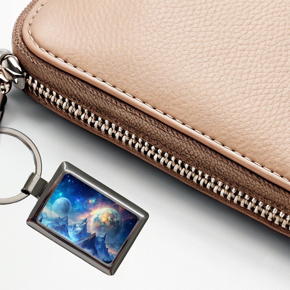 Fantasy Sci-fi World Moons Rising Over Mountains Watercolor Rectangle Metal Keychain
