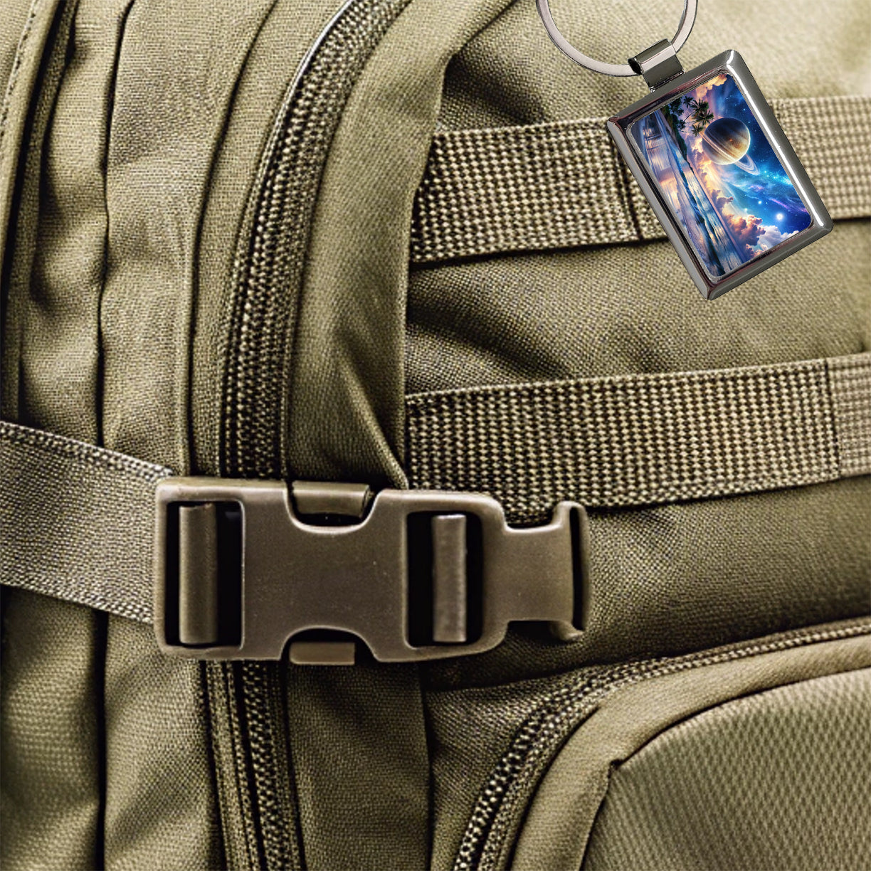 Fantasy Sci-fi World Saturn Rising Over Beach Rectangle Metal Keychain