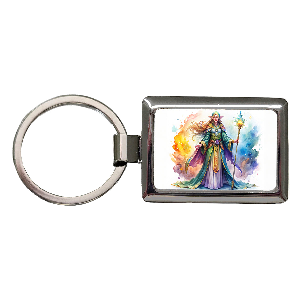 Fantasy Sorceress Colorful Magic Mana Watercolor Rectangle Metal Keychain