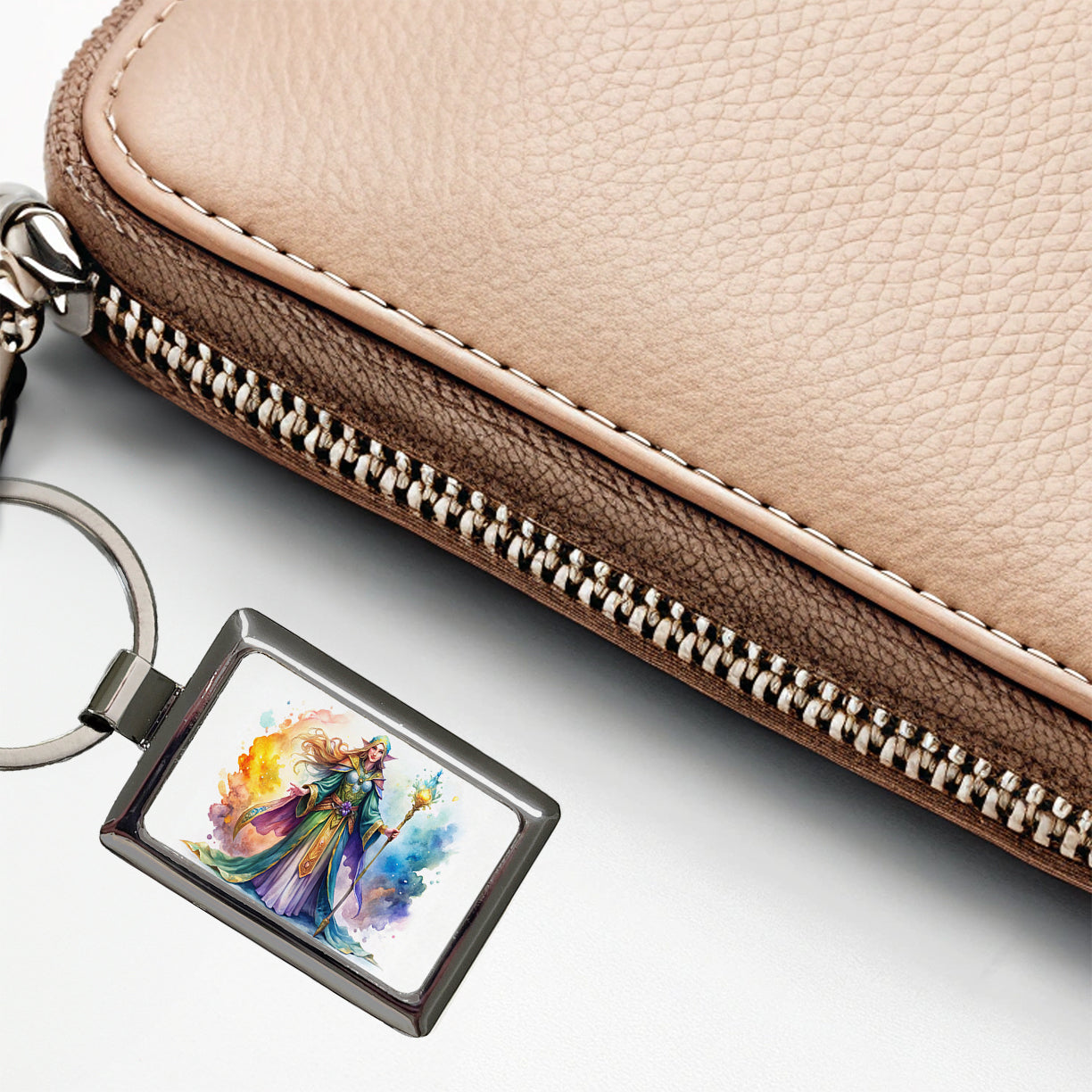 Fantasy Sorceress Colorful Magic Mana Watercolor Rectangle Metal Keychain