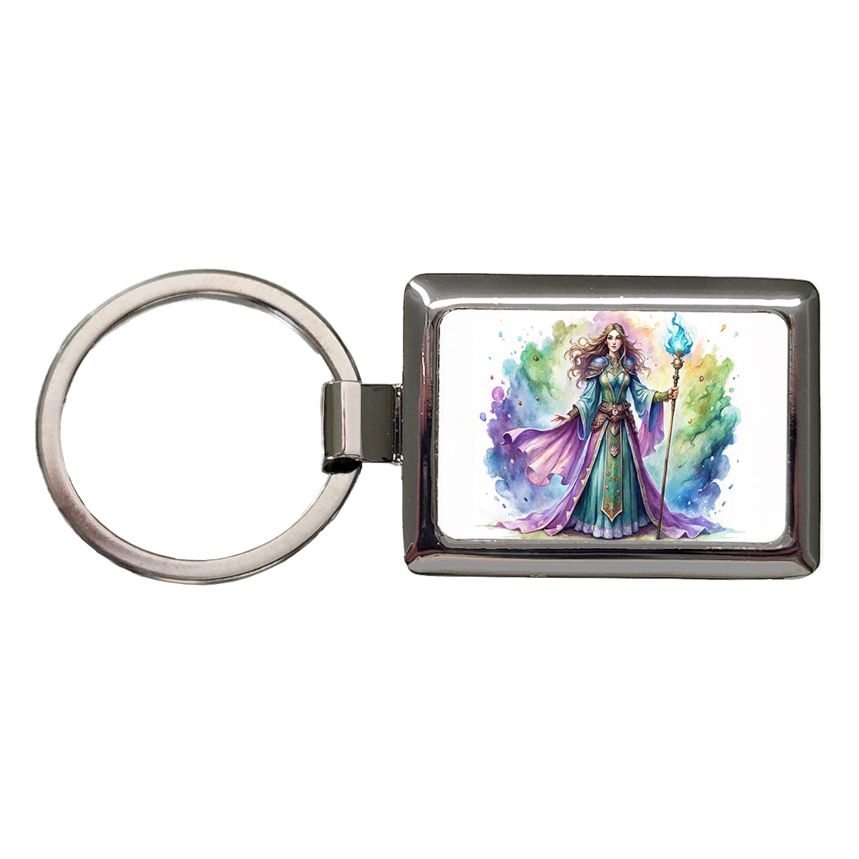 Fantasy Sorceress Purple Blue Magic Mana Watercolor Rectangle Metal Keychain