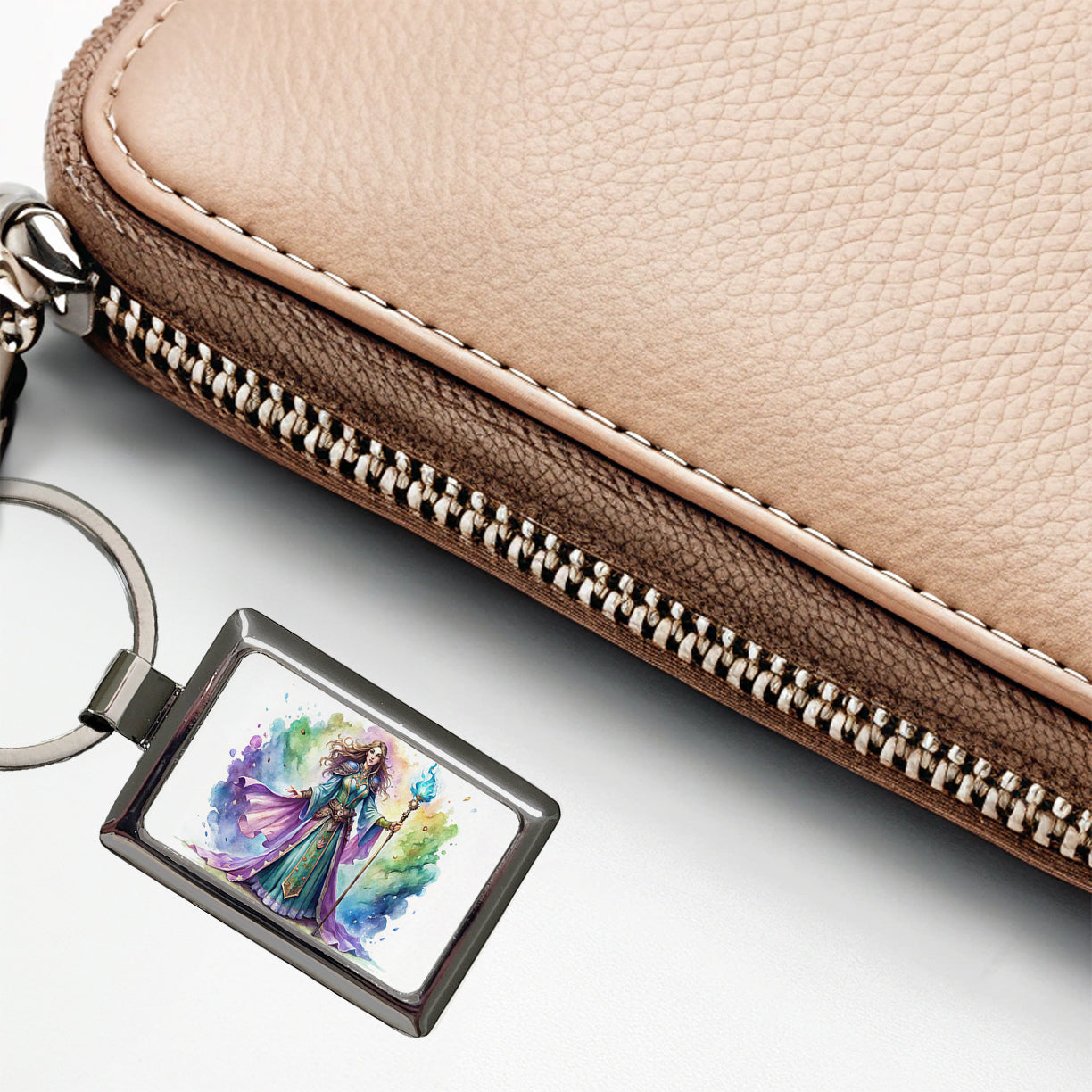 Fantasy Sorceress Purple Blue Magic Mana Watercolor Rectangle Metal Keychain