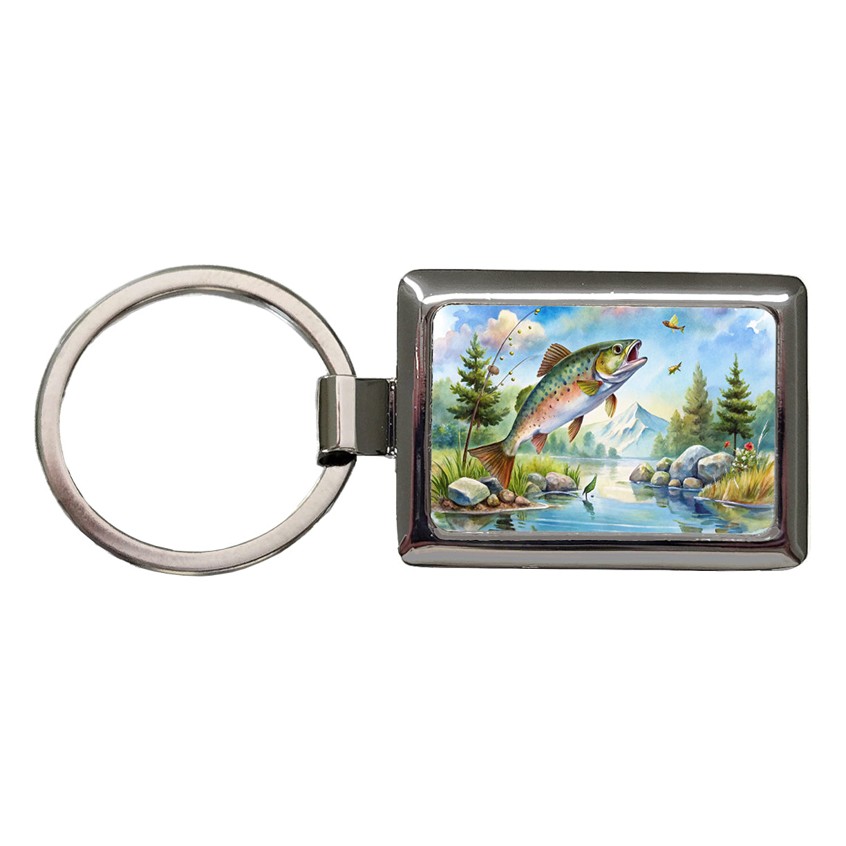 Fish Jumping Stream Lake Fishing Watercolor Rectangle Metal Keychain